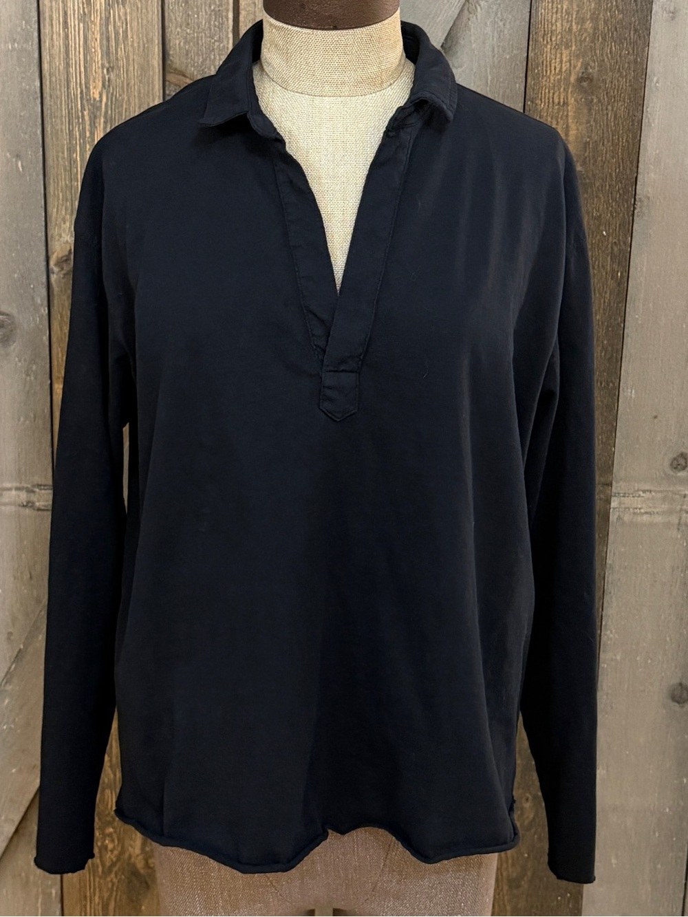 Frank & Eileen Black Polo Sweatshirt Med V Neck Cotton Casual Relaxed Pullover